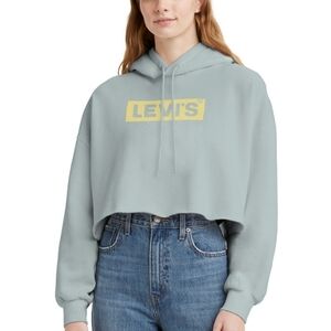 NWT Levi’s Cropped Logo Hoodie Light Blue Raw Hem Sweatshirt XS